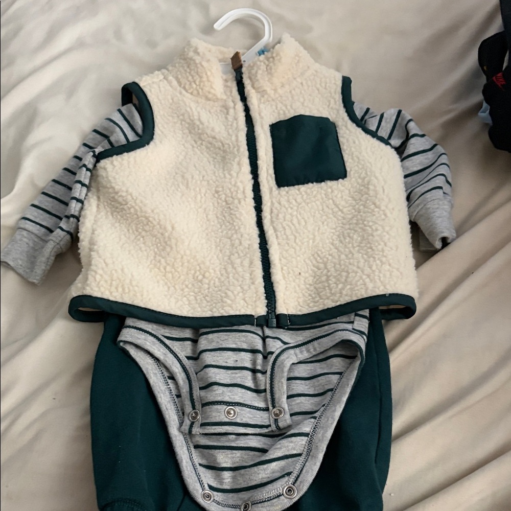 Carter's Cream Sherpa Vest with Dark Green Trim and Pocket